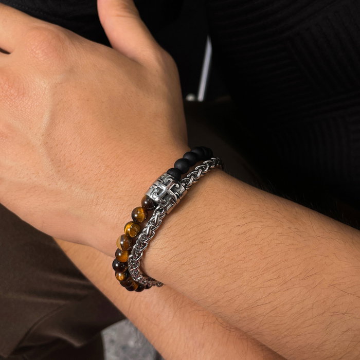 Bratara inox reglabila Unisex cu Ochi de Tigru si Roca Vulcanica [2]