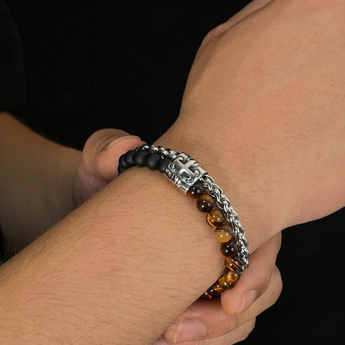 Bratara inox reglabila Unisex cu Ochi de Tigru si Roca Vulcanica [4]