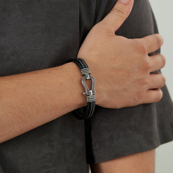 Bratara inox si piele cu potcoava norocoasa [11]