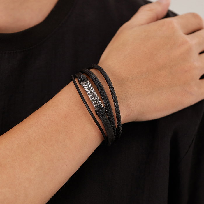 Bratara inox si piele impletita cu placuta spic [8]