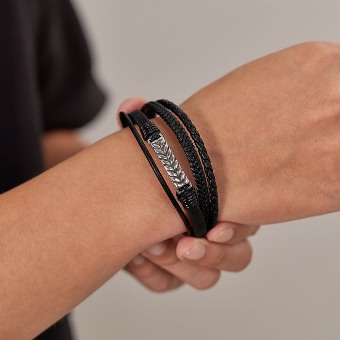 Bratara inox si piele impletita cu placuta spic [11]