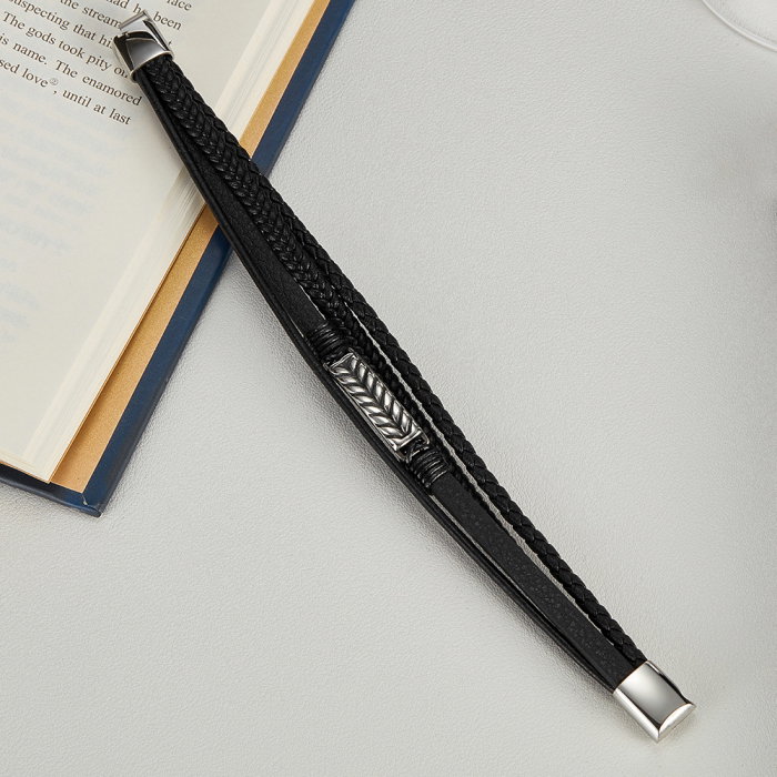 Bratara inox si piele impletita cu placuta spic [10]