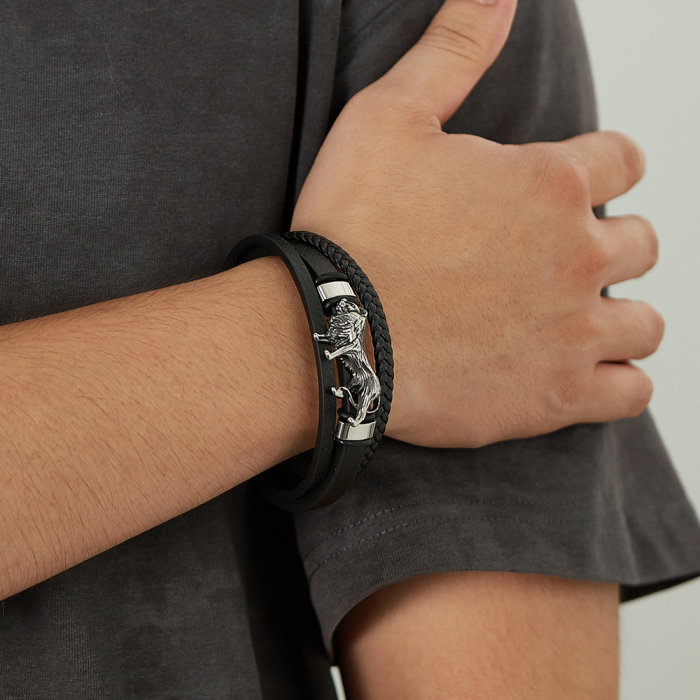 Bratara Leu din inox si piele impletita [14]