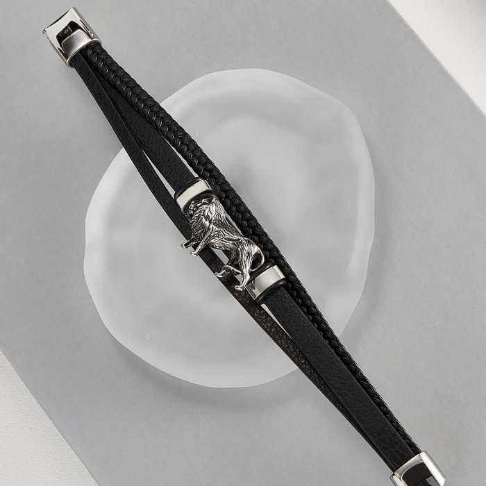 Bratara Leu din inox si piele impletita [8]