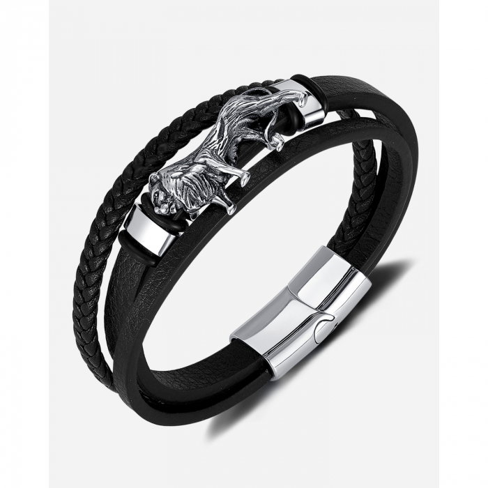 Bratara Leu din inox si piele impletita [15]