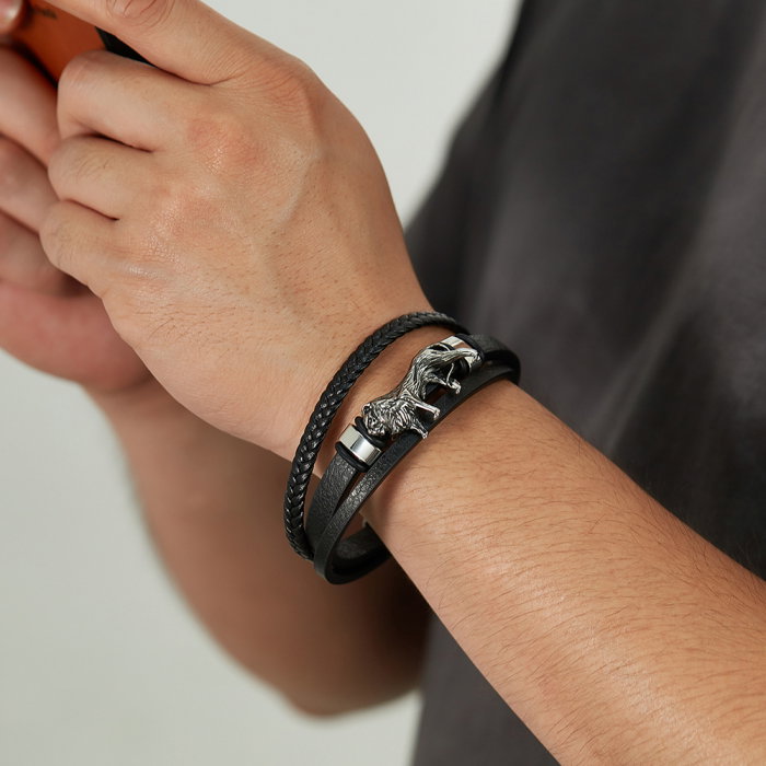 Bratara Leu din inox si piele impletita [4]