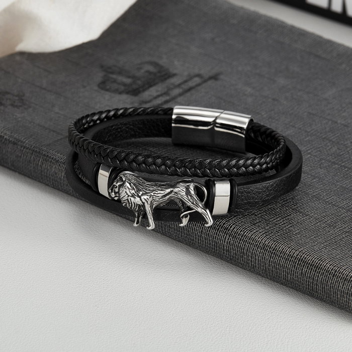 Bratara Leu din inox si piele impletita [13]