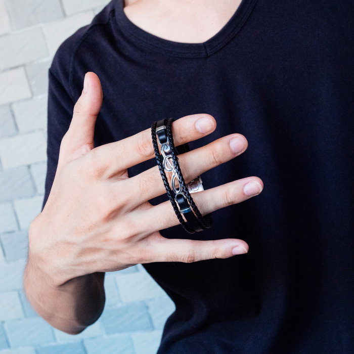 Bratara Musical tripla din piele impletita si inox [5]