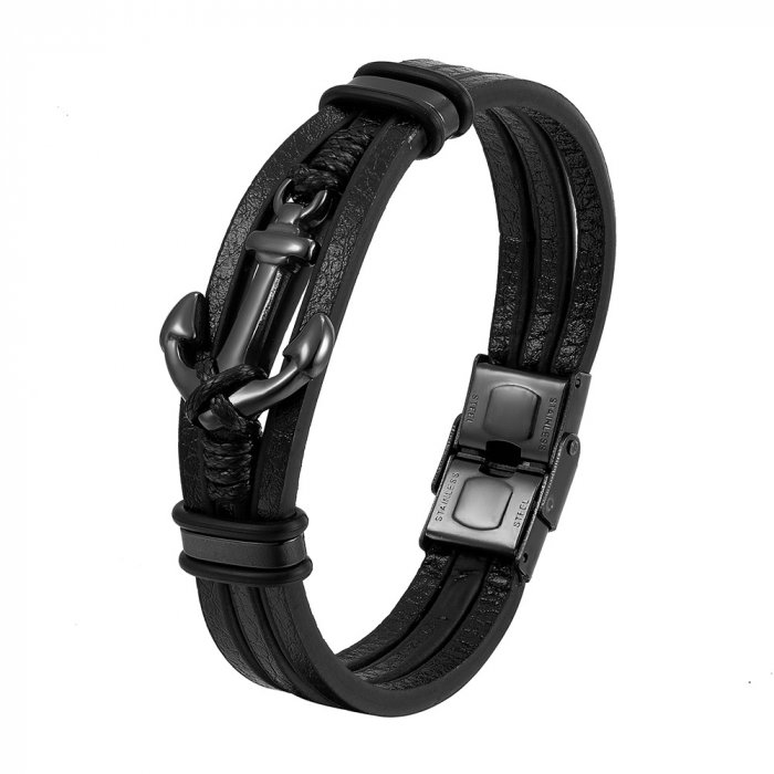 Bratara neagra din piele naturala cu ancora si inchizatoare din inox negru [1]