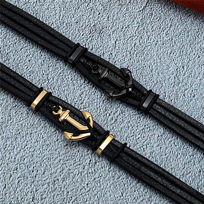 Bratara neagra din piele naturala cu ancora si inchizatoare din inox negru [3]