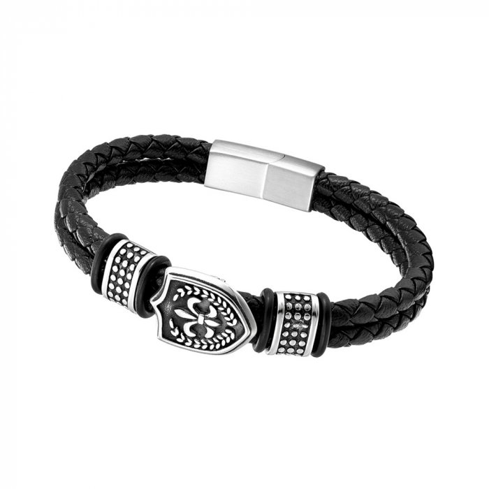 Bratara neagra din piele naturala si inox cu scut maltez [3]