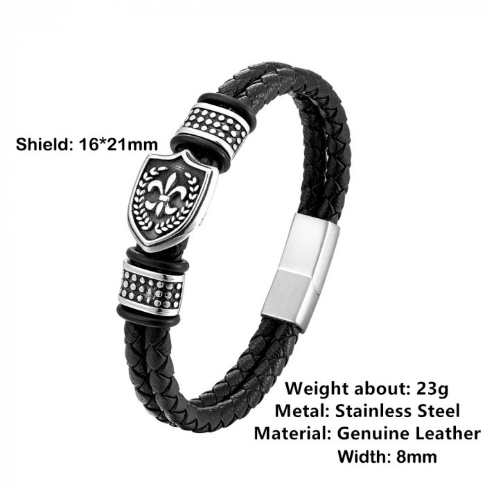 Bratara neagra din piele naturala si inox cu scut maltez [4]