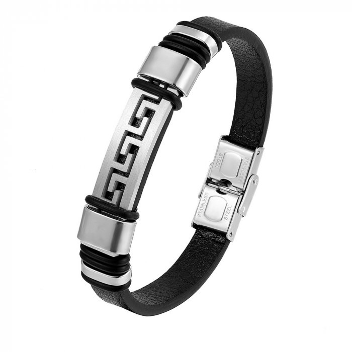 Bratara neagra din piele naturala cu placuta inox [1]