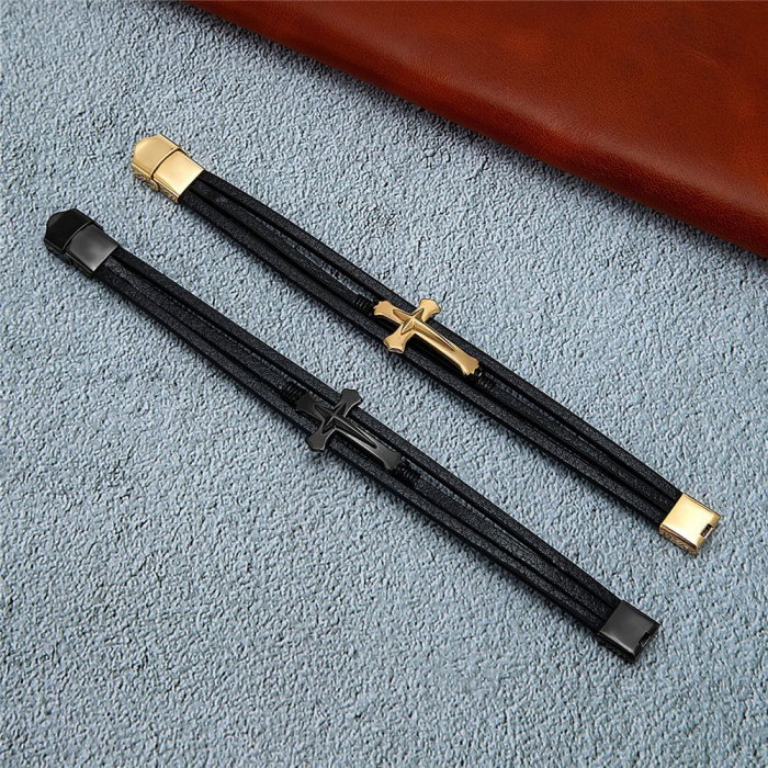 Bratara neagra din piele naturala cu cruce inox [3]