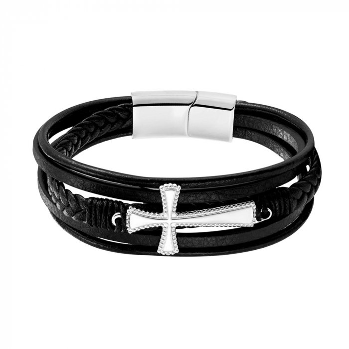 Bratara neagra din piele naturala cu cruce si inchizatoare din inox [2]