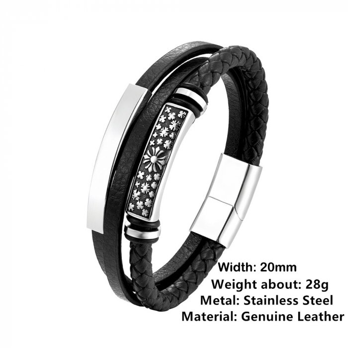 Bratara neagra din piele naturala cu simboluri malteze si inchizatoare din inox [5]