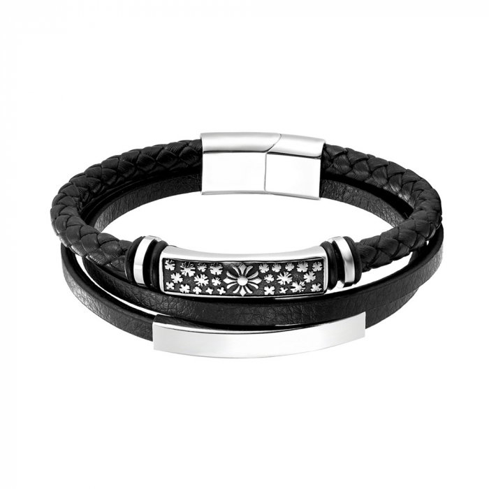 Bratara neagra din piele naturala cu simboluri malteze si inchizatoare din inox [4]