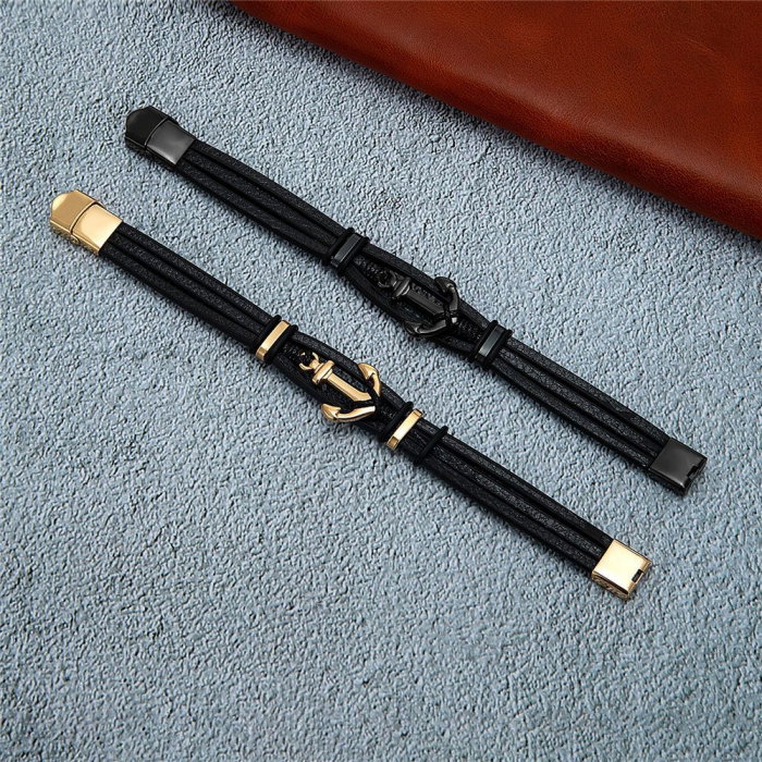 Bratara neagra din piele naturala cu ancora si inchizatoare din inox [4]