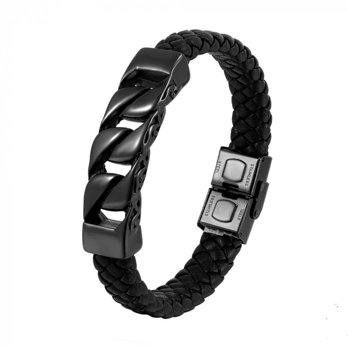 Bratara neagra din piele naturala cu element si inchizatoare din inox negru [1]