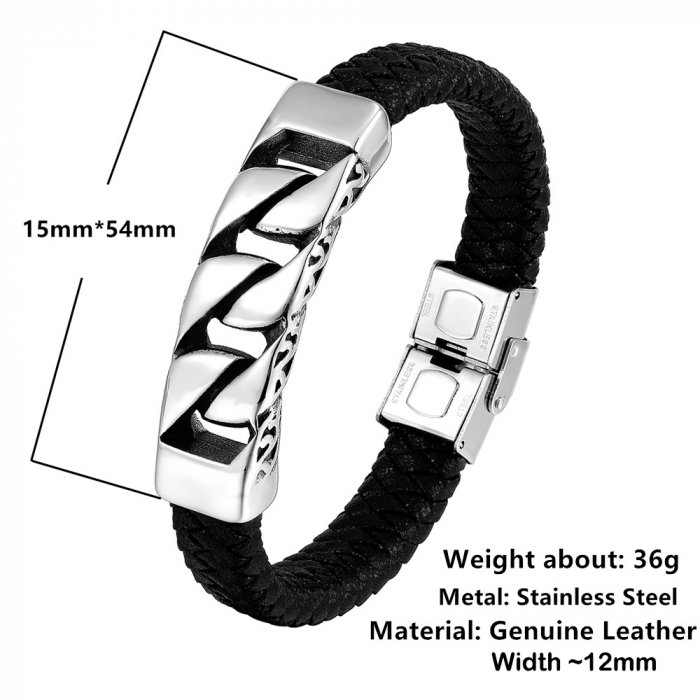 Bratara neagra din piele naturala cu element si inchizatoare din inox negru [4]