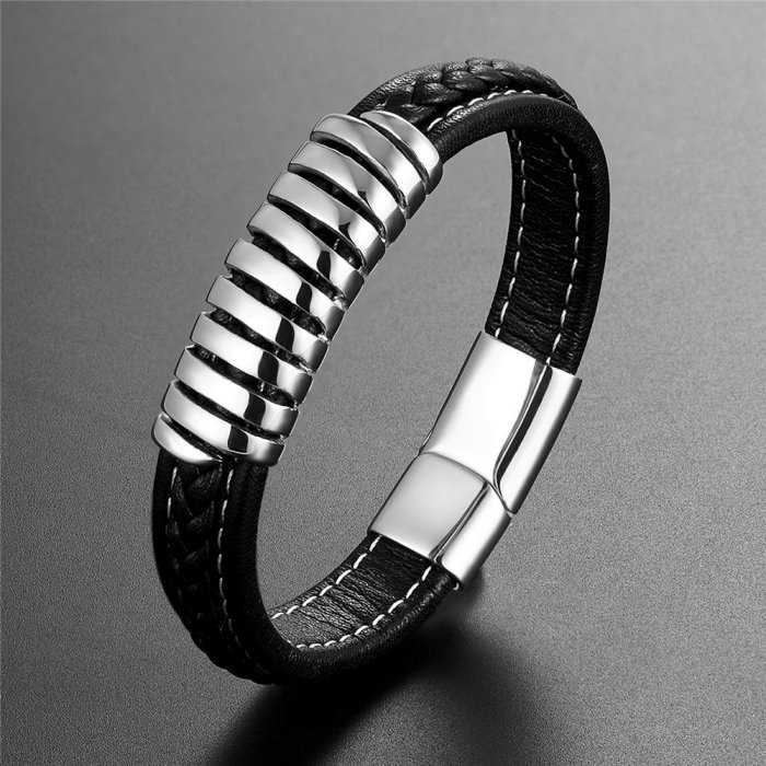 Bratara neagra din piele naturala cu element si inchizatoare din inox [2]