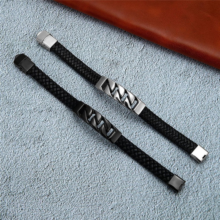 Bratara neagra din piele naturala cu element si inchizatoare din inox negru [3]