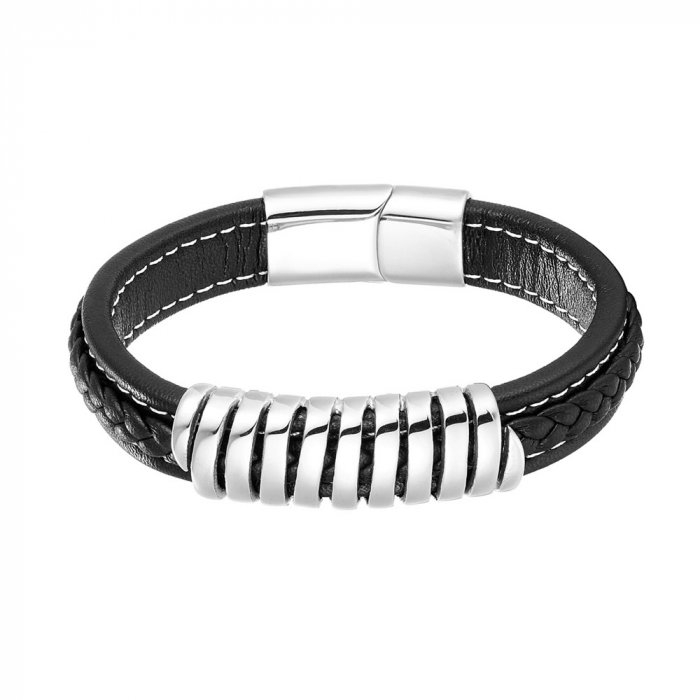 Bratara neagra din piele naturala cu element si inchizatoare din inox [3]