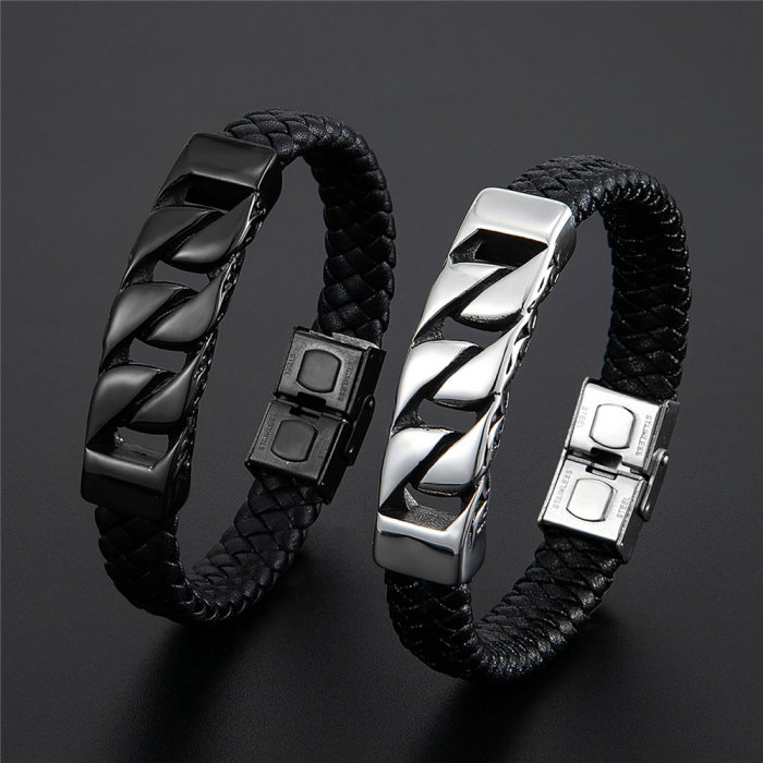 Bratara neagra din piele naturala cu element si inchizatoare din inox negru [2]