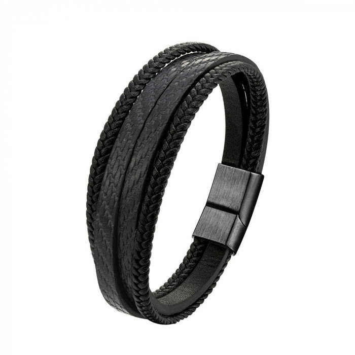 Bratara neagra din piele naturala si inchizatoare din inox negru [1]