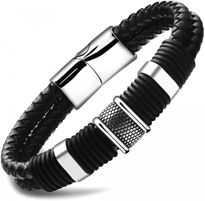 Bratara piele neagra cu detalii din inox – Design masculin si elegant [2]