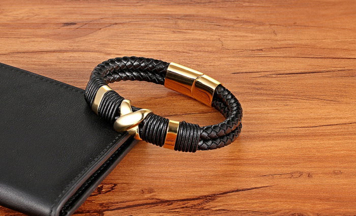 Bratara neagra din piele naturala si inox Factorul X [3]