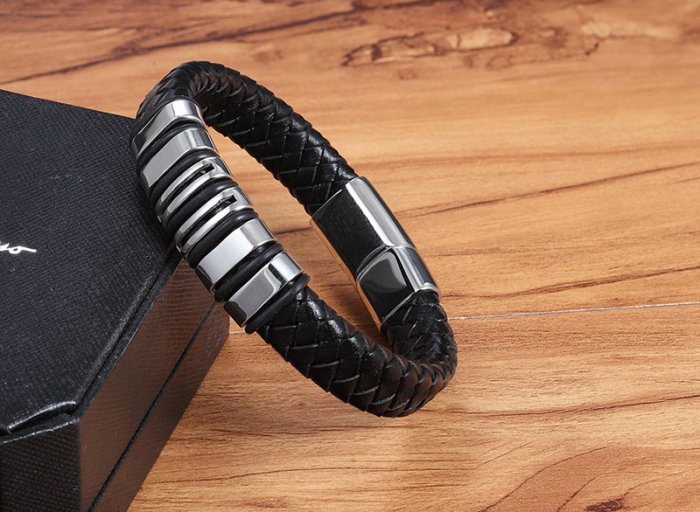 Bratara neagra din piele naturala si inox [2]