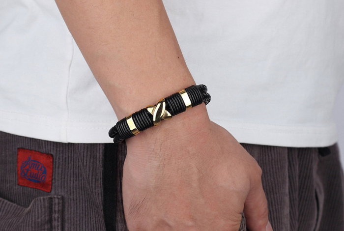 Bratara neagra din piele naturala si inox Factorul X [2]