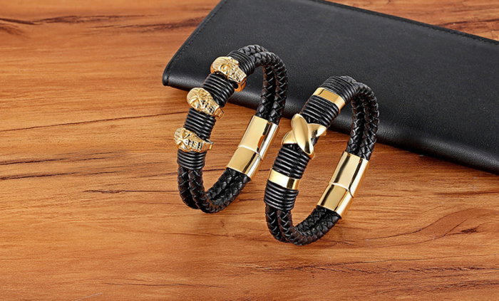 Bratara neagra din piele naturala si inox Factorul X [4]