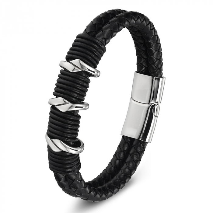 Bratara neagra din piele naturala si inox [1]