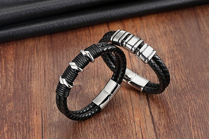Bratara neagra din piele naturala si inox [2]