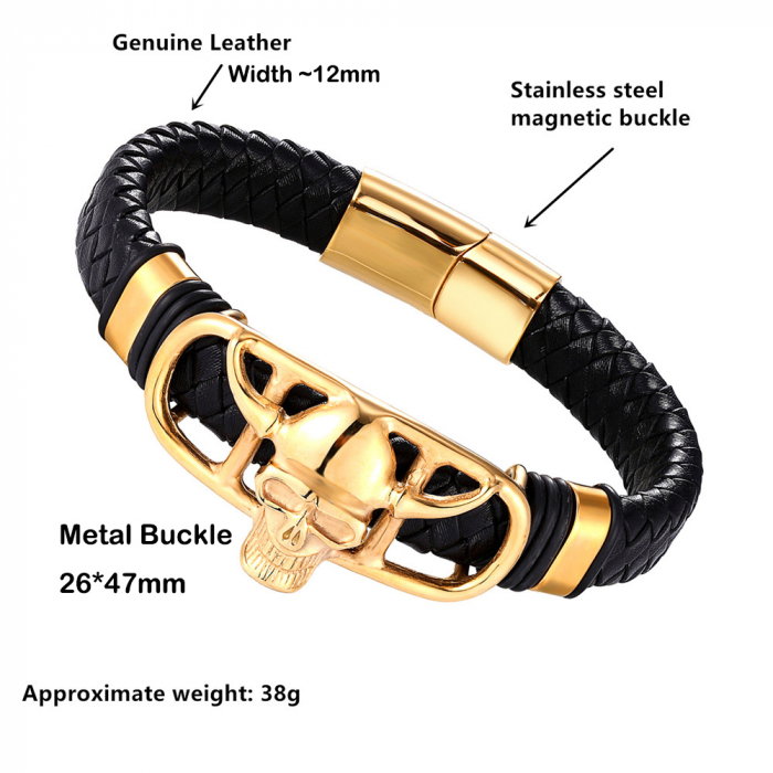Bratara neagra din piele naturala si inox cu Craniu de Viking [4]