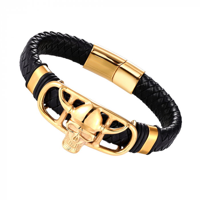 Bratara neagra din piele naturala si inox cu Craniu de Viking [2]