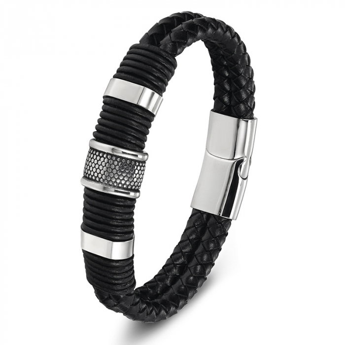 Bratara piele neagra cu detalii din inox – Design masculin si elegant [1]