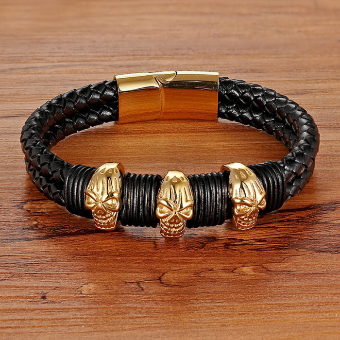 Bratara neagra din piele naturala si inox cu cranii [2]