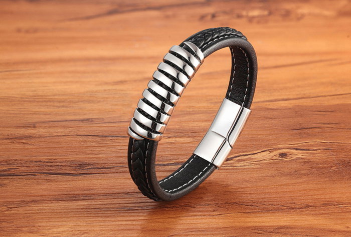 Bratara neagra din piele naturala si inox [1]