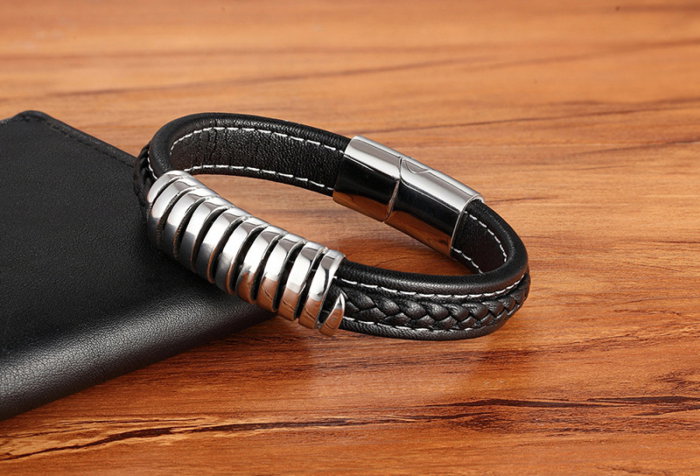 Bratara neagra din piele naturala si inox [2]