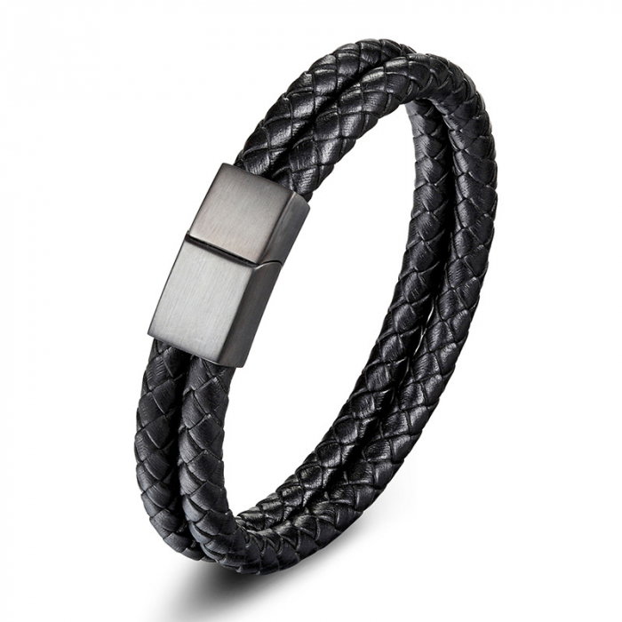 Bratara neagra dubla din piele naturala si inox [1]