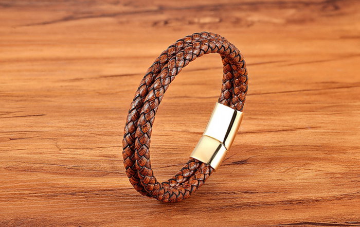 Bratara dubla maron deschis din piele naturala si inox [3]