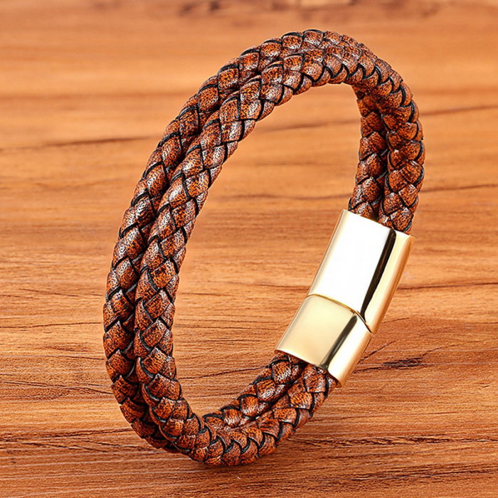 Bratara dubla maron deschis din piele naturala si inox [2]