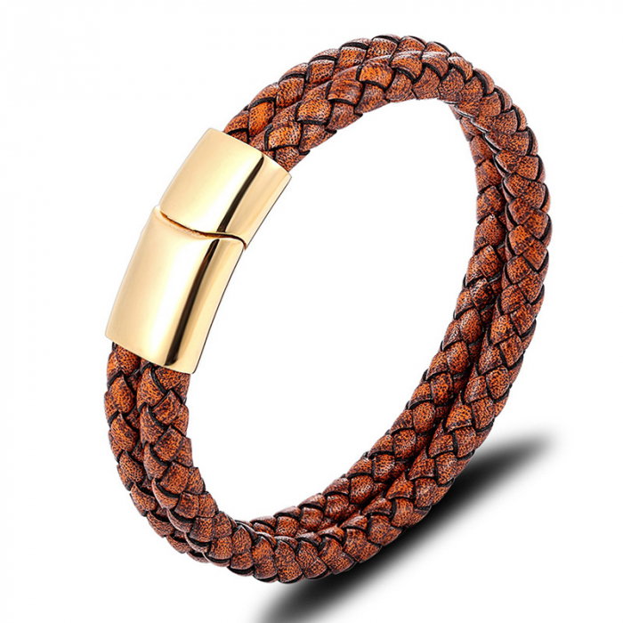 Bratara dubla maron deschis din piele naturala si inox [1]