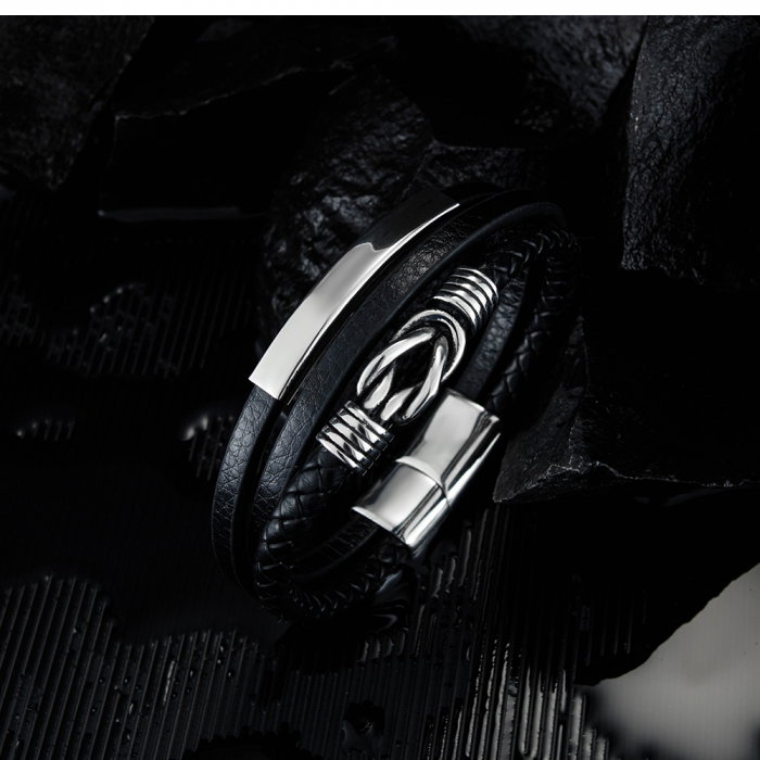 Bratara nod marinaresc din inox si piele neagra [12]