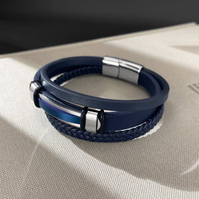 Bratara piele bleumarin si placuta inox cu insertie albastra – Eleganta moderna si rafinament masculin [12]