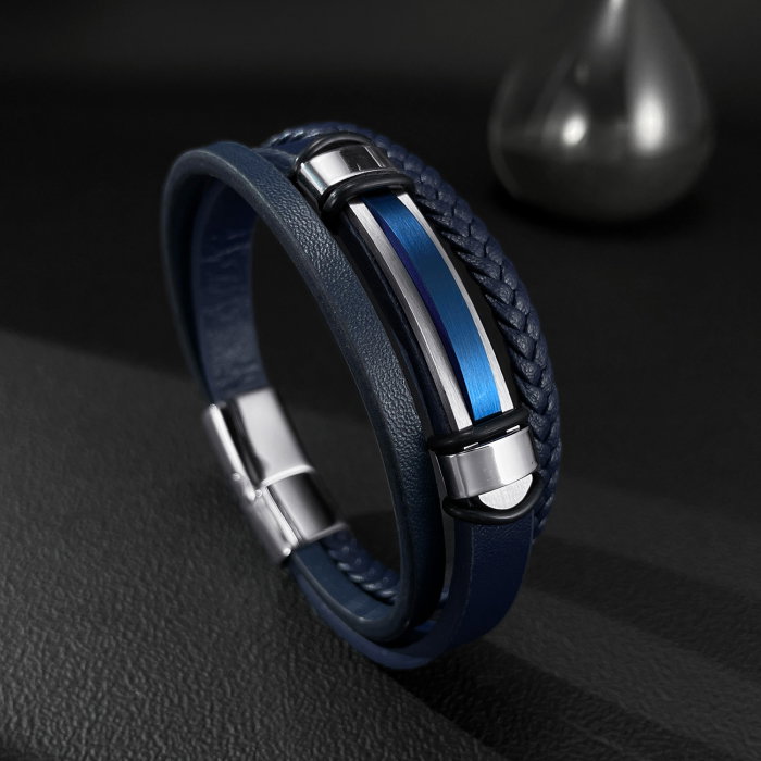 Bratara piele bleumarin si placuta inox cu insertie albastra – Eleganta moderna si rafinament masculin [11]