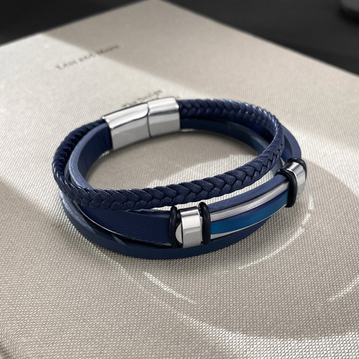 Bratara piele bleumarin si placuta inox cu insertie albastra – Eleganta moderna si rafinament masculin [14]